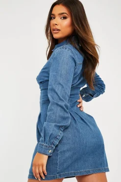 Rebellious Fashion Mid Blue Tailored Waist Denim Shirt Dress - Danaria