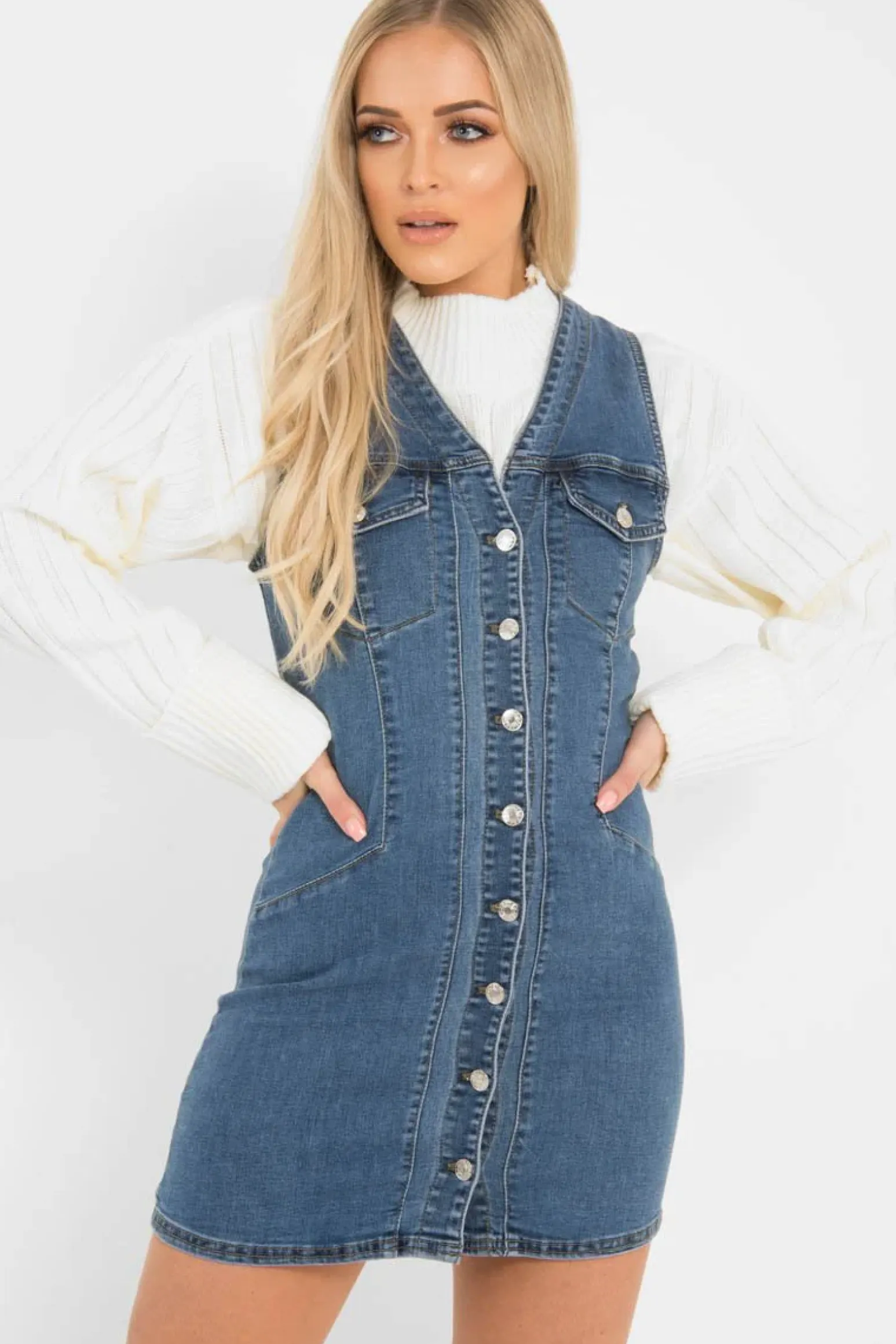 Rebellious Fashion Mid Wash Button Front Sleeveless Denim Dress - Kamiya