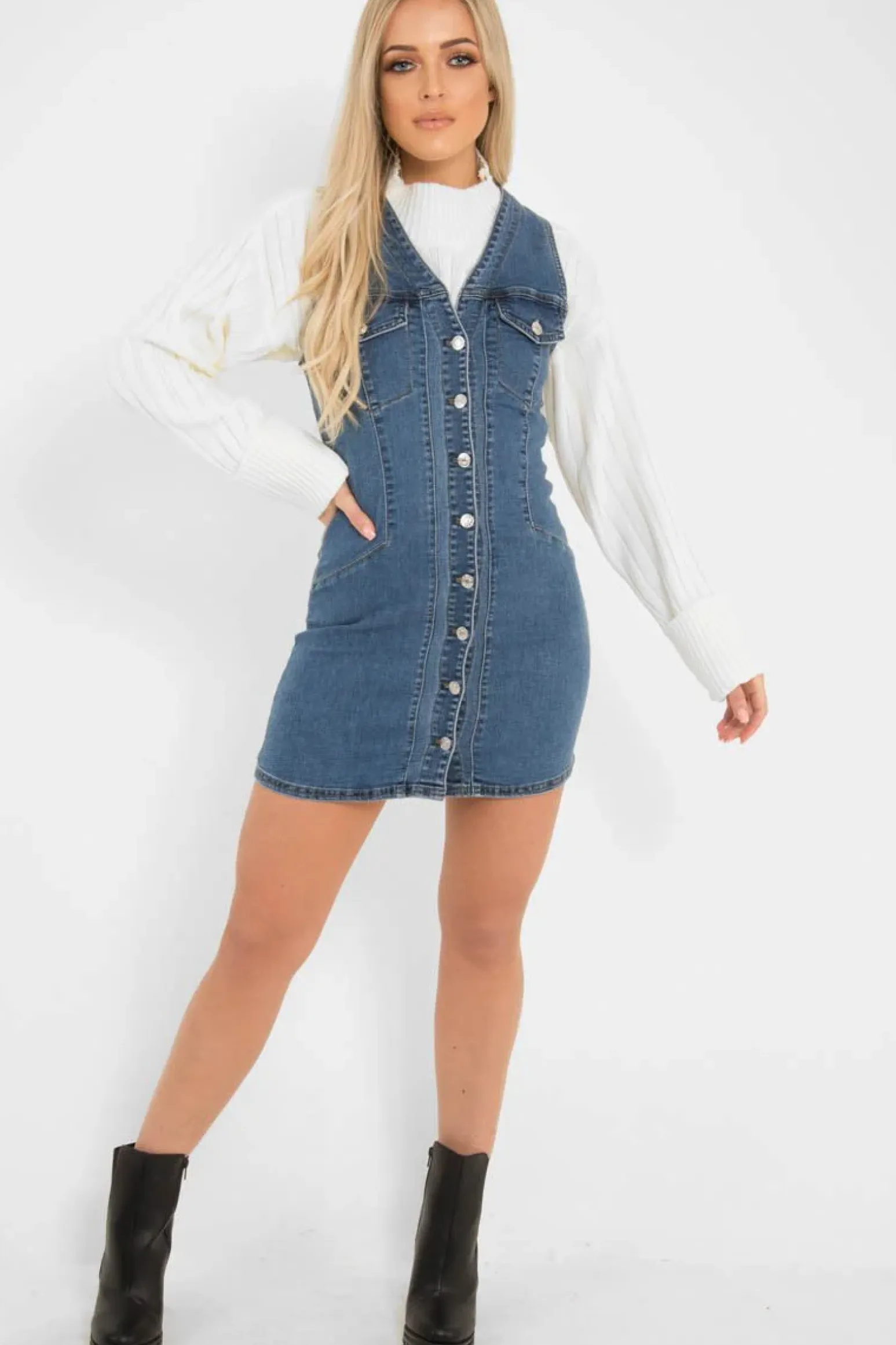 Rebellious Fashion Mid Wash Button Front Sleeveless Denim Dress - Kamiya