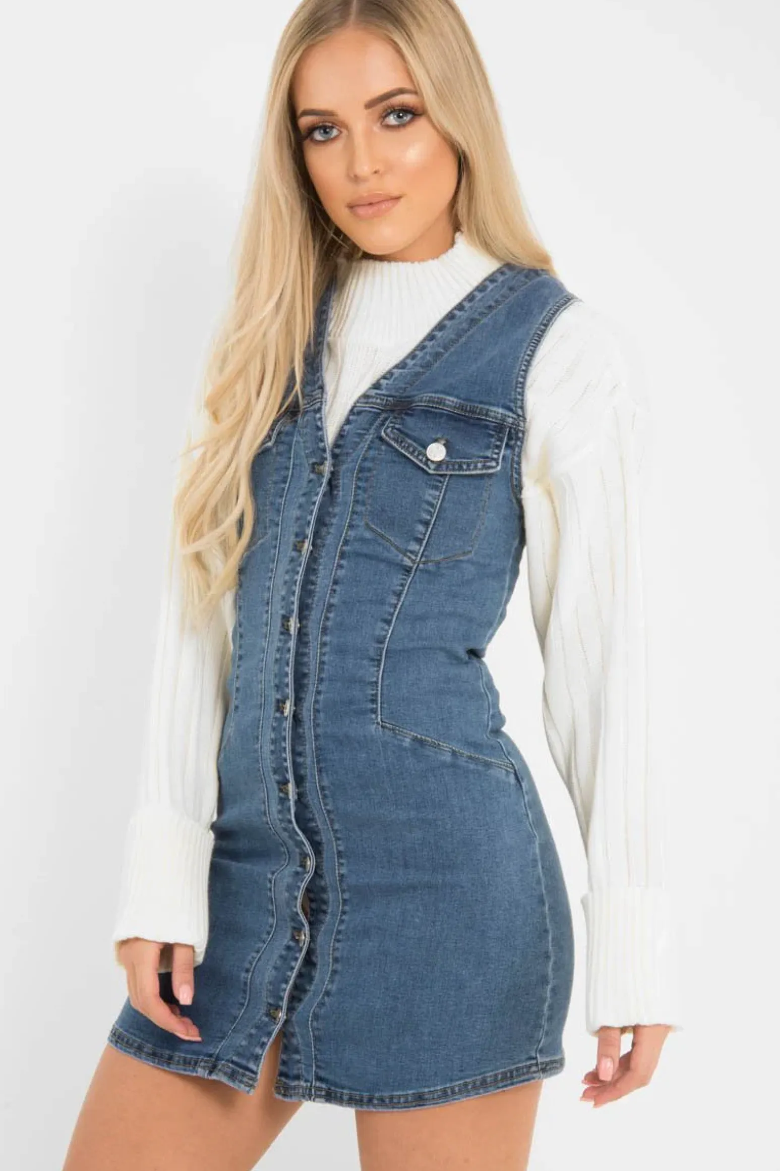 Rebellious Fashion Mid Wash Button Front Sleeveless Denim Dress - Kamiya