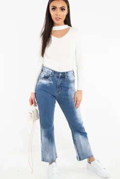 Rebellious Fashion Mid Blue Acid Wash Straight Leg Denim Jeans - Eleina
