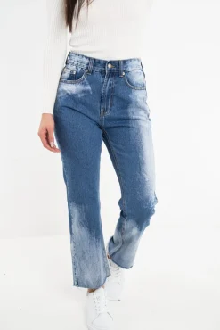 Rebellious Fashion Mid Blue Acid Wash Straight Leg Denim Jeans - Eleina