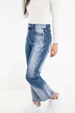 Rebellious Fashion Mid Blue Acid Wash Straight Leg Denim Jeans - Eleina