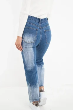 Rebellious Fashion Mid Blue Acid Wash Straight Leg Denim Jeans - Eleina