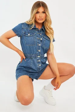 Rebellious Fashion Mid Blue Button Front Denim Playsuit - Briasia