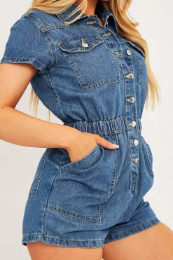 Rebellious Fashion Mid Blue Button Front Denim Playsuit - Briasia