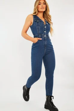 Rebellious Fashion Mid Blue Button Front Skinny Denim Jumpsuit - Francina