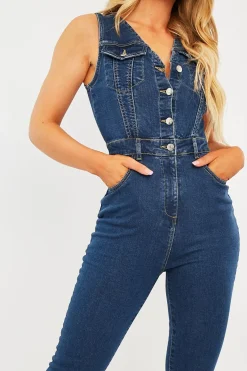 Rebellious Fashion Mid Blue Button Front Skinny Denim Jumpsuit - Francina