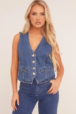 Rebellious Fashion Mid Blue Button Up Denim Waistcoat - Angelica