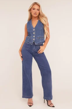 Rebellious Fashion Mid Blue Button Up Denim Waistcoat - Angelica