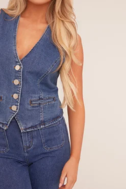 Rebellious Fashion Mid Blue Button Up Denim Waistcoat - Angelica