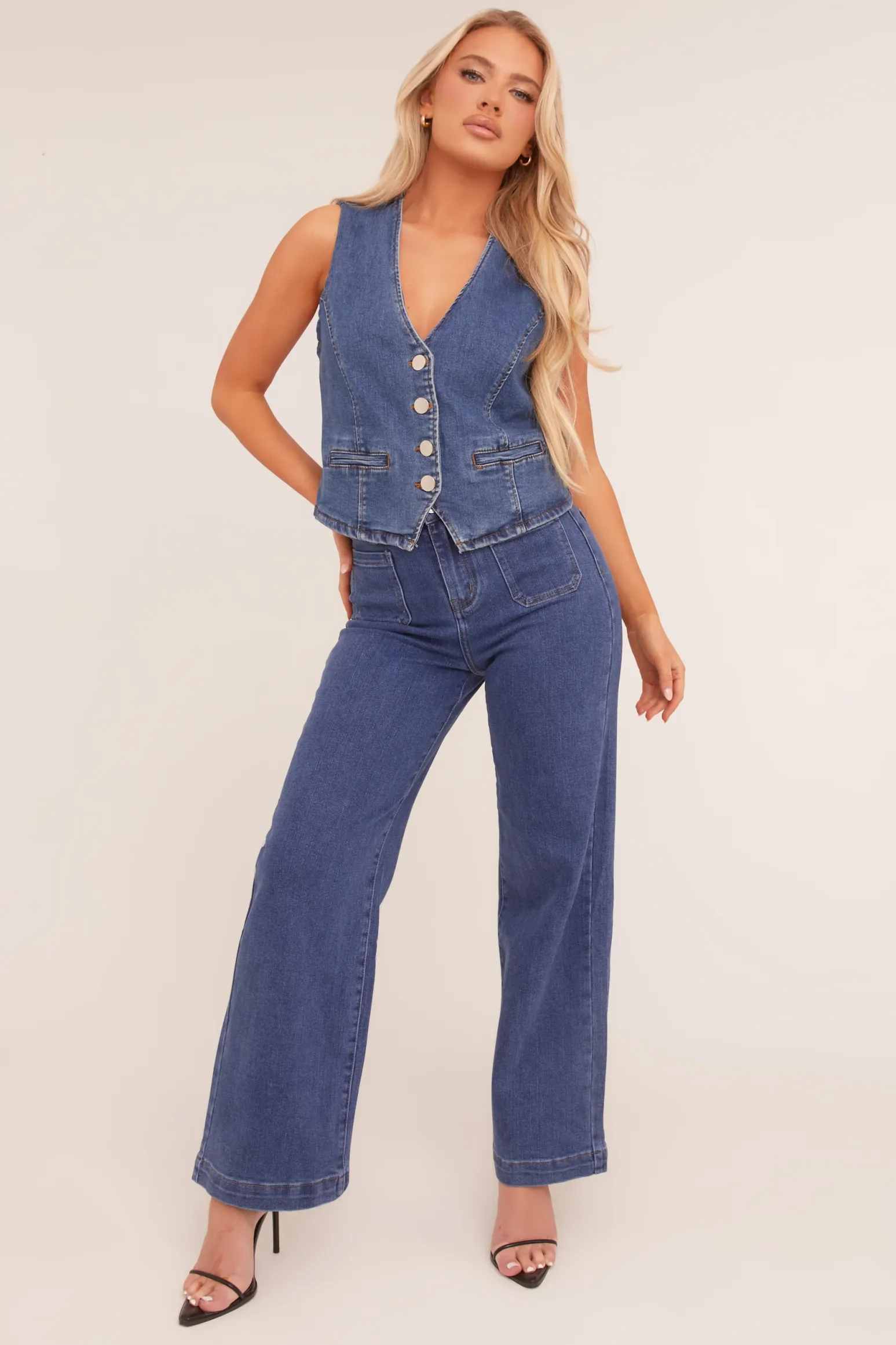 Rebellious Fashion Mid Blue Button Up Denim Waistcoat - Angelica
