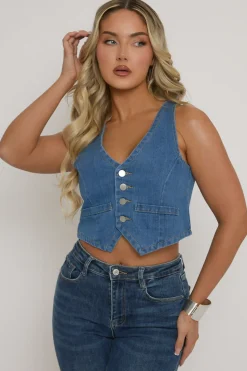 Rebellious Fashion Mid Blue Button Up Front Denim Waistcoat - Tobi