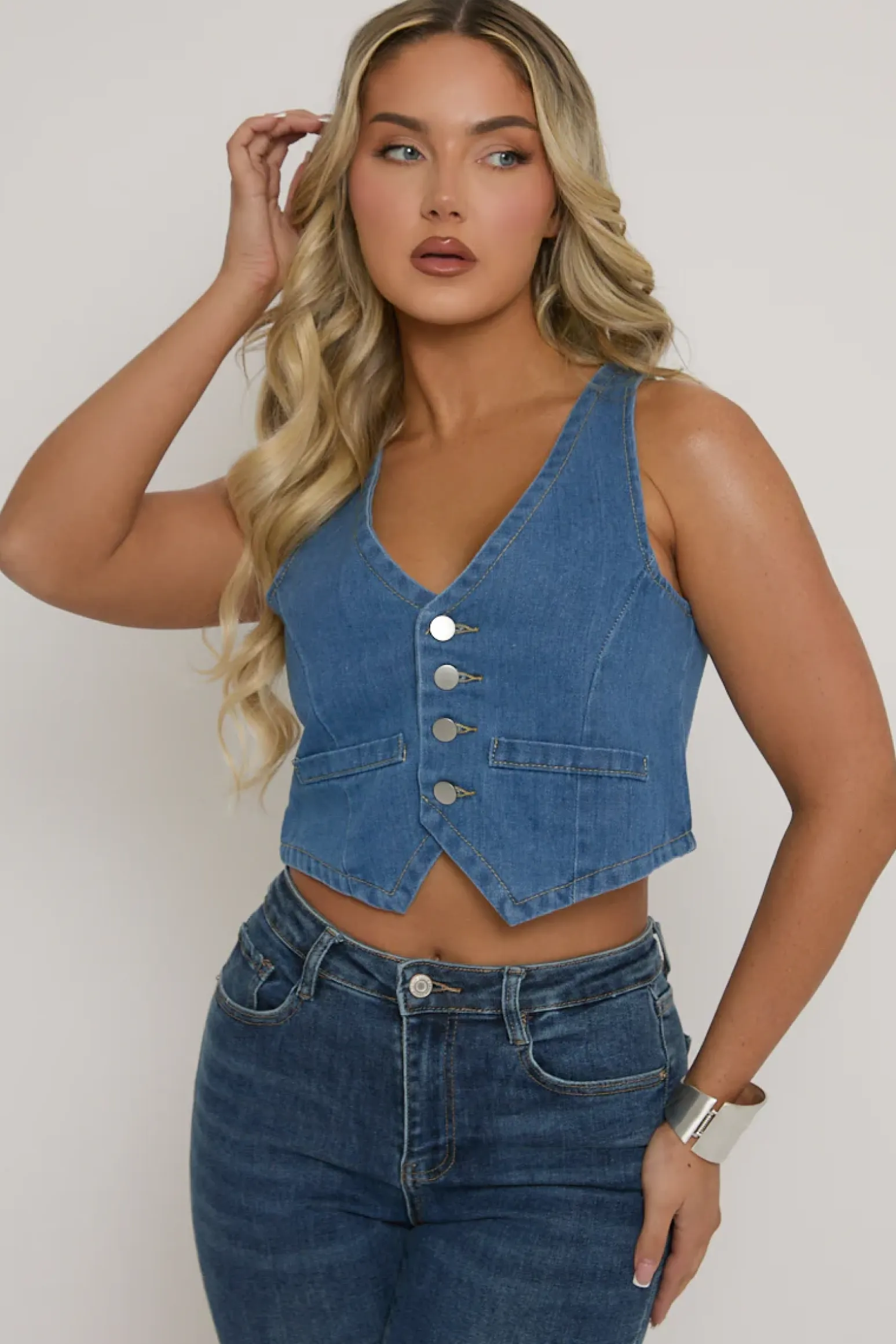 Rebellious Fashion Mid Blue Button Up Front Denim Waistcoat - Tobi