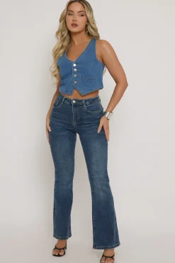 Rebellious Fashion Mid Blue Button Up Front Denim Waistcoat - Tobi