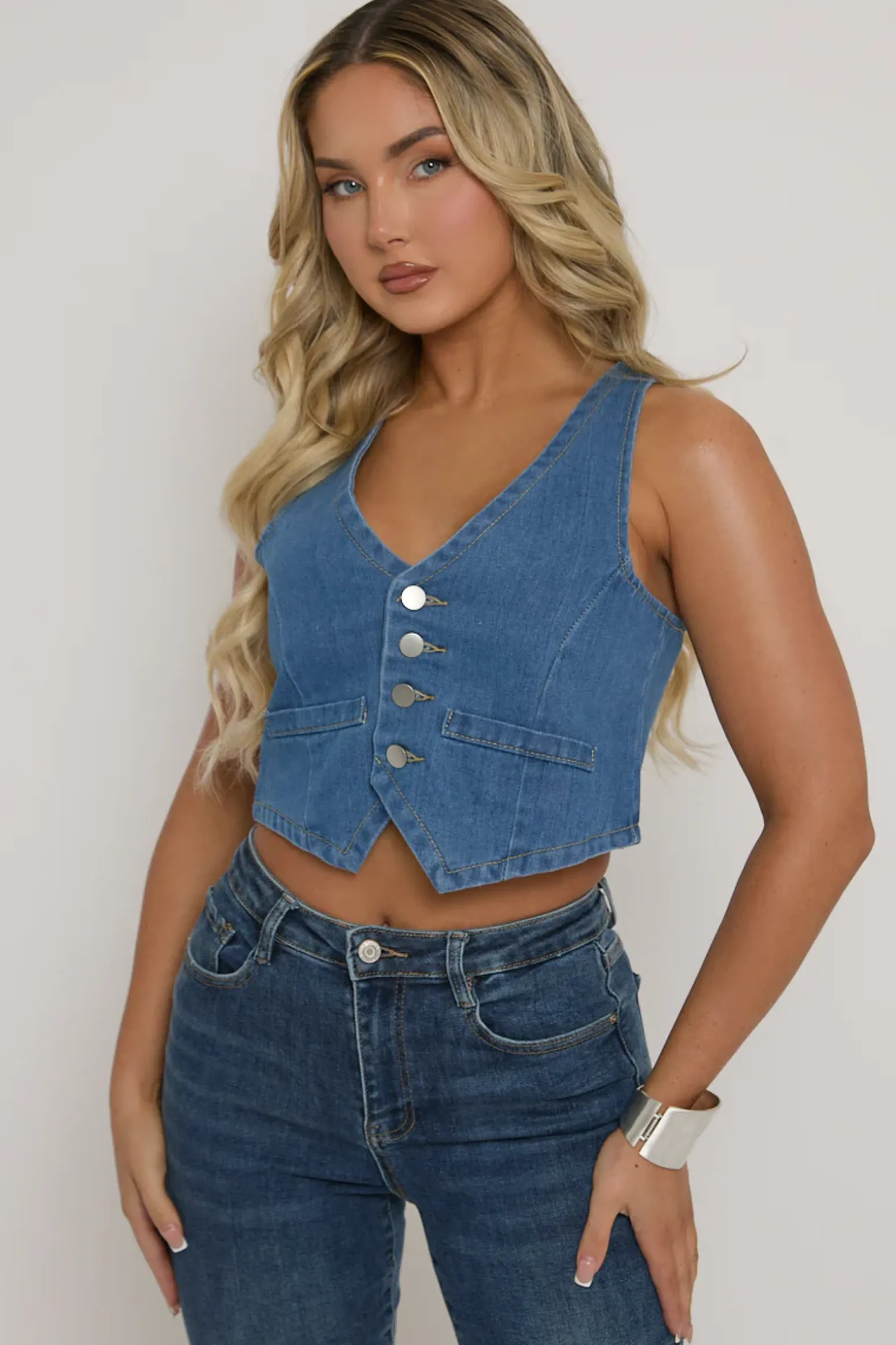 Rebellious Fashion Mid Blue Button Up Front Denim Waistcoat - Tobi