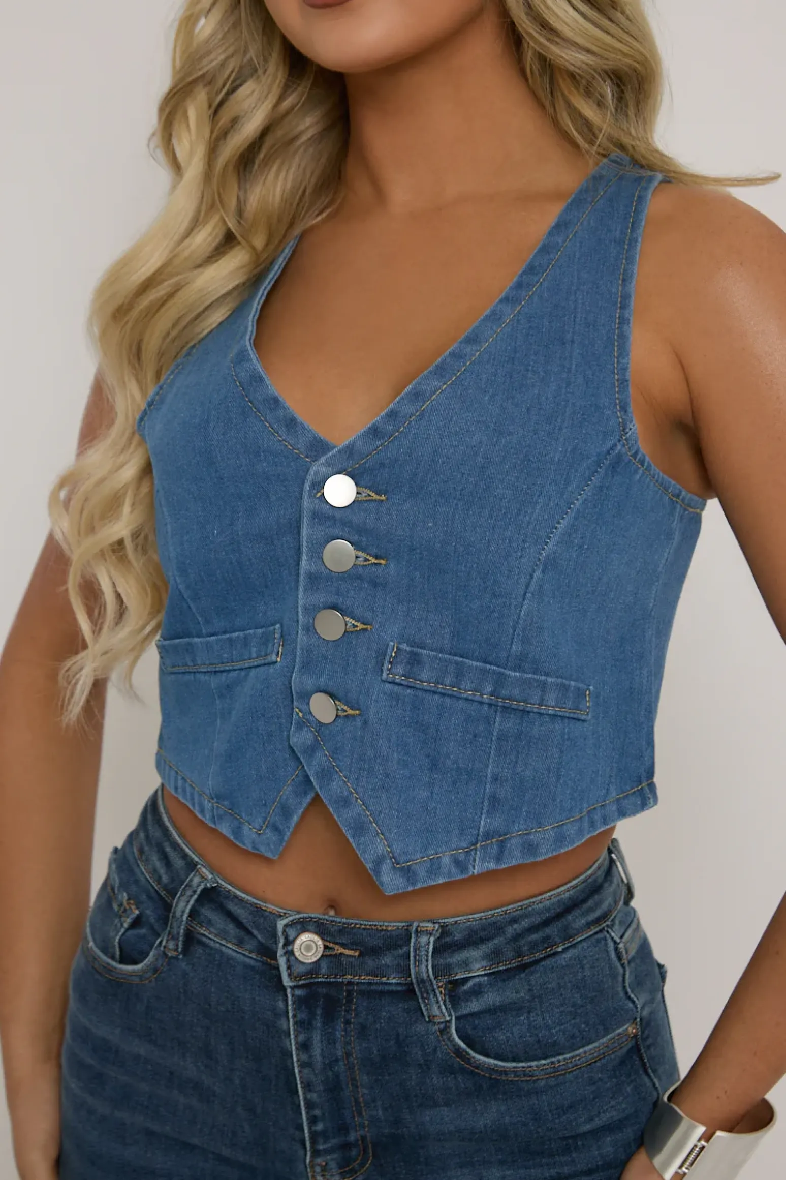 Rebellious Fashion Mid Blue Button Up Front Denim Waistcoat - Tobi