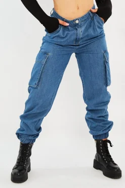 Rebellious Fashion Mid Blue Cargo Cuffed Ankle Denim Jeans - Amarisa