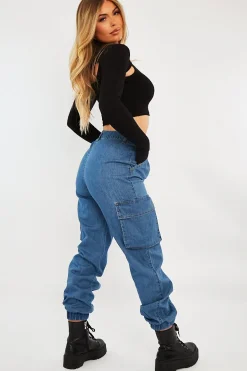 Rebellious Fashion Mid Blue Cargo Cuffed Ankle Denim Jeans - Amarisa