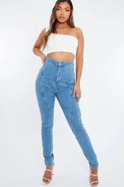 Rebellious Fashion Mid Blue Contour Seam Skinny Jeans - Emma