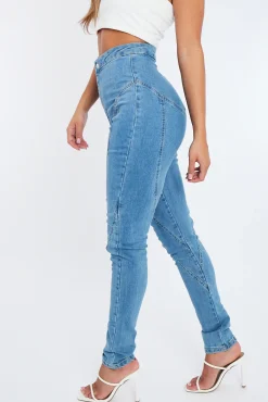 Rebellious Fashion Mid Blue Contour Seam Skinny Jeans - Emma