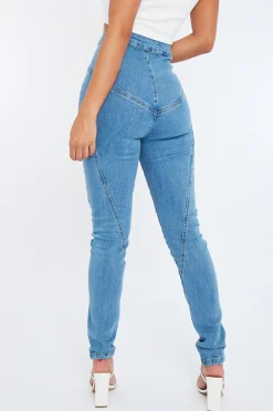 Rebellious Fashion Mid Blue Contour Seam Skinny Jeans - Emma