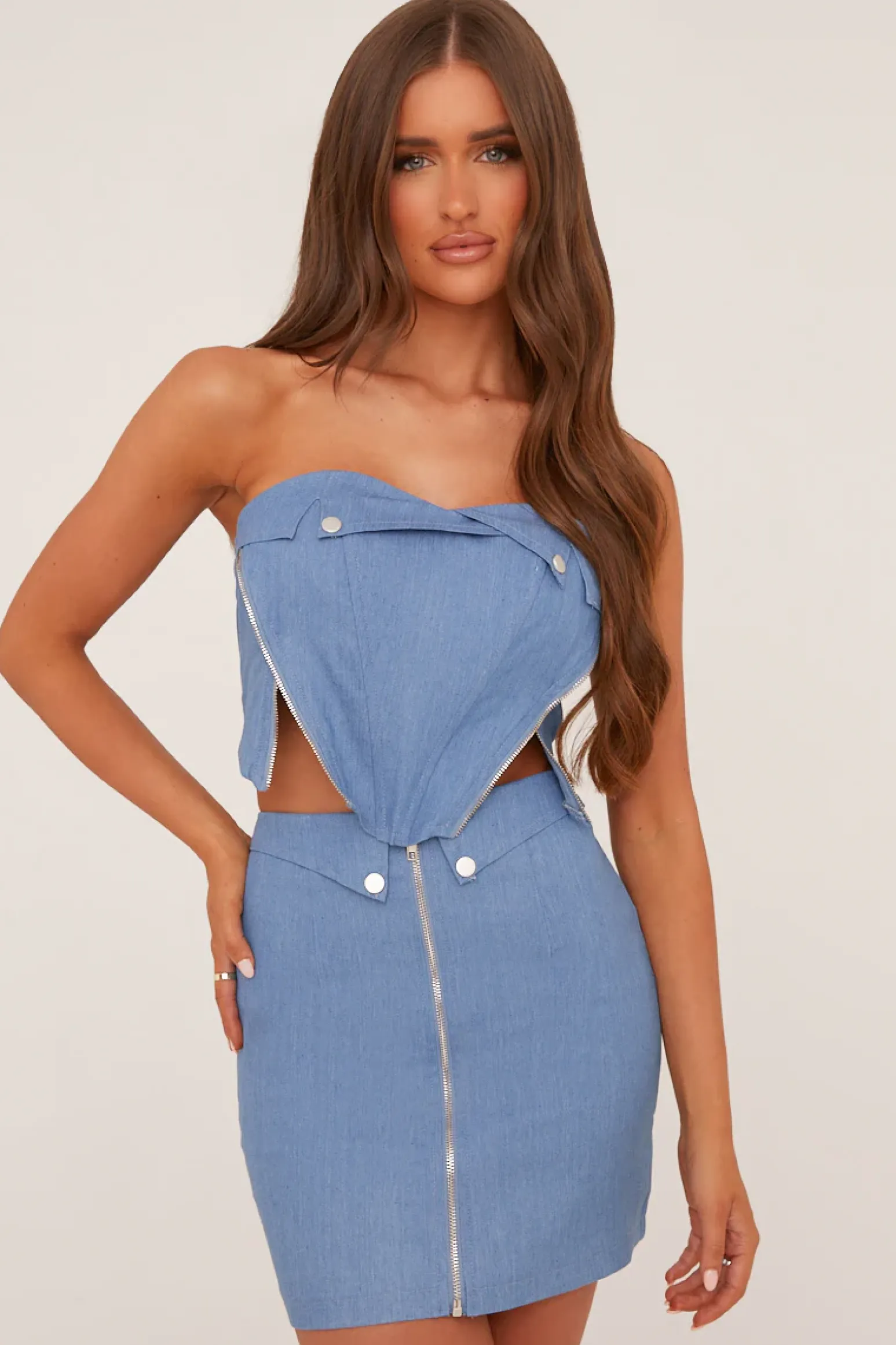 Rebellious Fashion Mid Blue Denim Bandeau Corset Detail Cropped Top & Mini Skirt Co-ord Set - Josephine