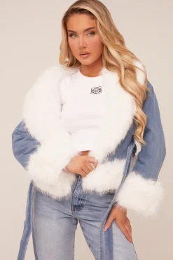 Rebellious Fashion Mid Blue Denim Faux Fur Biker Jacket - Carin