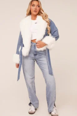 Rebellious Fashion Mid Blue Denim Faux Fur Biker Jacket - Carin