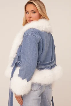 Rebellious Fashion Mid Blue Denim Faux Fur Biker Jacket - Carin