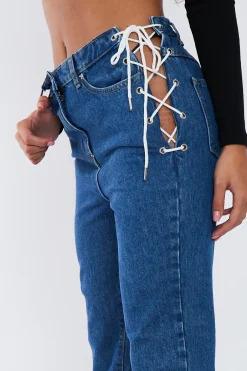 Rebellious Fashion Mid Blue Denim Lace Up Detail Straight Leg Jeans - Eliana