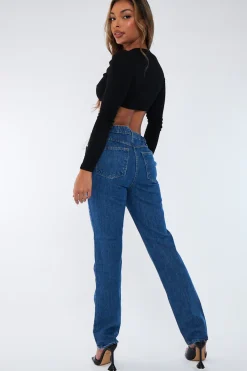 Rebellious Fashion Mid Blue Denim Lace Up Detail Straight Leg Jeans - Eliana