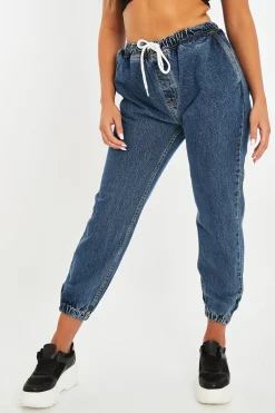 Rebellious Fashion Mid Blue Denim Oversized Joggers - Vylette