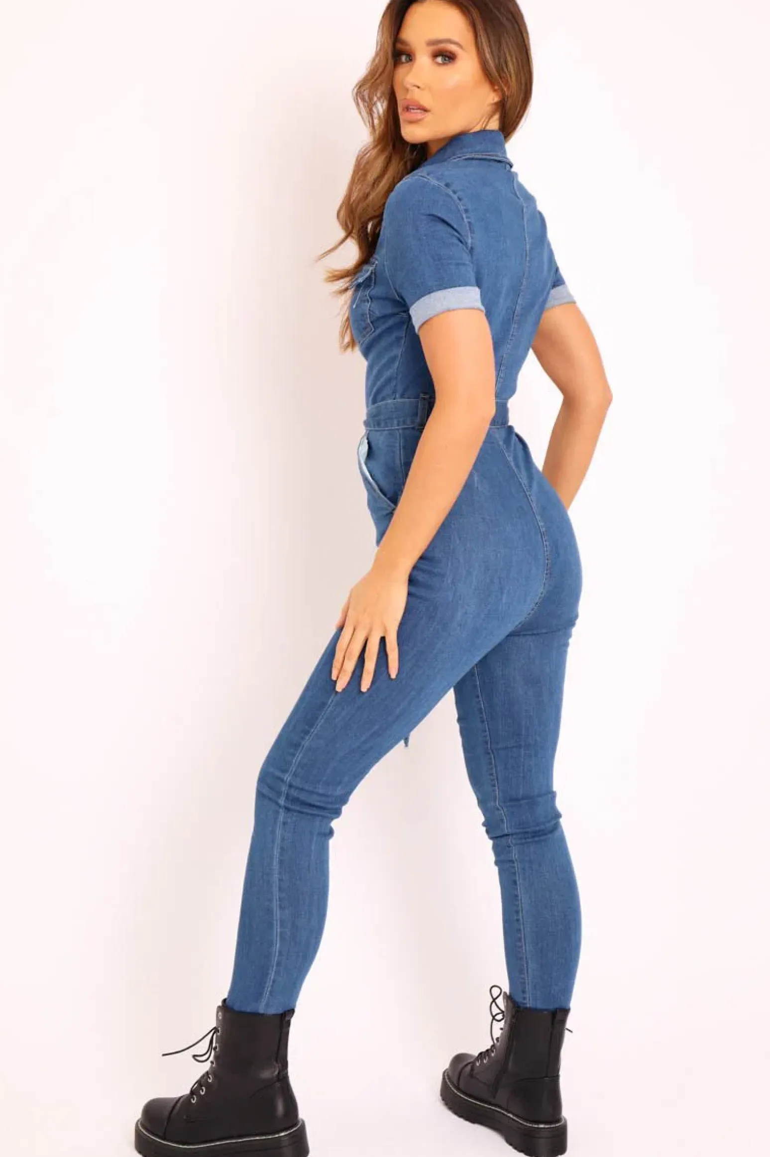 Rebellious Fashion Mid Blue Denim Short Sleeve Button Up Belted Waist Boilersuit - Stevie