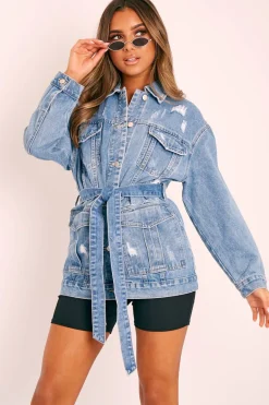 Rebellious Fashion Mid Blue Distressed Belted Jacket - Camilla