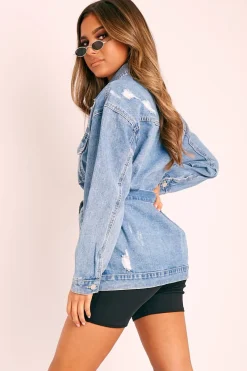 Rebellious Fashion Mid Blue Distressed Belted Jacket - Camilla