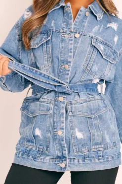 Rebellious Fashion Mid Blue Distressed Belted Jacket - Camilla