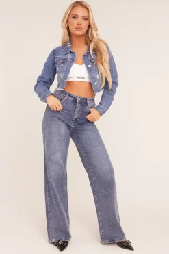 Rebellious Fashion Mid Blue Distressed Frayed Hem Denim Jacket - Indiana
