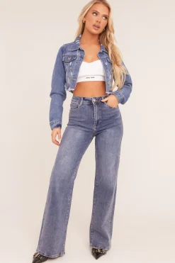 Rebellious Fashion Mid Blue Distressed Frayed Hem Denim Jacket - Indiana