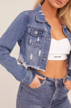 Rebellious Fashion Mid Blue Distressed Frayed Hem Denim Jacket - Indiana