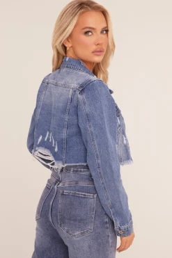 Rebellious Fashion Mid Blue Distressed Frayed Hem Denim Jacket - Indiana