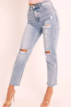 Rebellious Fashion Mid Blue Distressed Knee Boyfriend Jeans - Pia