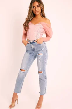 Rebellious Fashion Mid Blue Distressed Knee Boyfriend Jeans - Pia