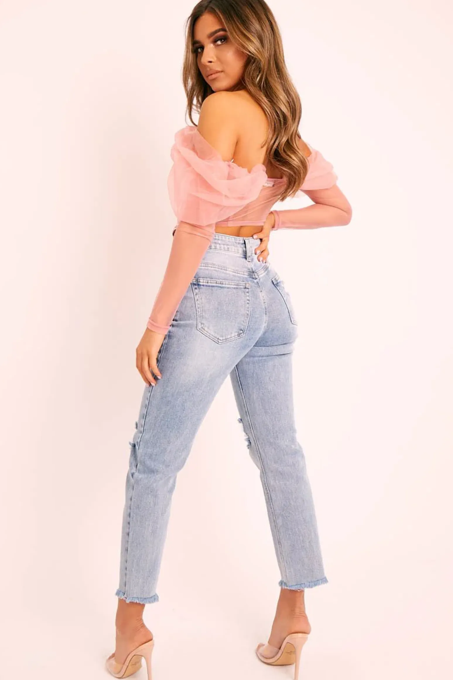 Rebellious Fashion Mid Blue Distressed Knee Boyfriend Jeans - Pia