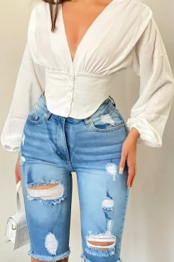 Rebellious Fashion Mid Blue Distressed Longline Denim Shorts - Dakotah