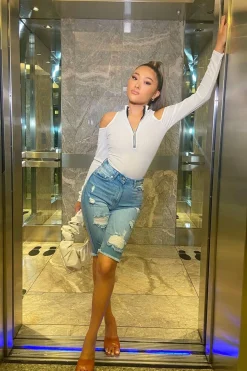 Rebellious Fashion Mid Blue Distressed Longline Denim Shorts - Dakotah