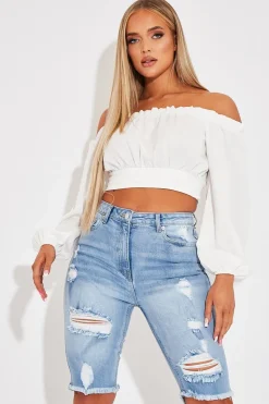 Rebellious Fashion Mid Blue Distressed Longline Denim Shorts - Dakotah