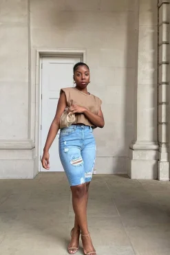 Rebellious Fashion Mid Blue Distressed Longline Denim Shorts - Dakotah