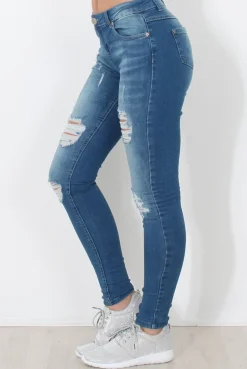 Rebellious Fashion Mid Blue Distressed Skinny Jeans - Hallo