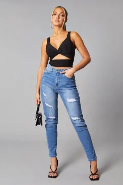 Rebellious Fashion Mid Blue Distressed Straight Jeans - Atria